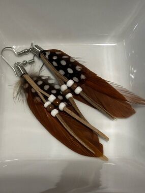 Boho Feather Drop Earrings in Brown and White